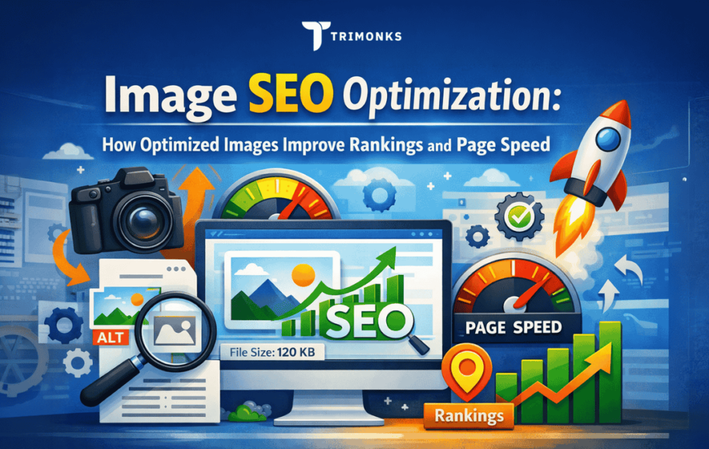 Image SEO optimization illustration showing optimized images improving search rankings and website page speed performance