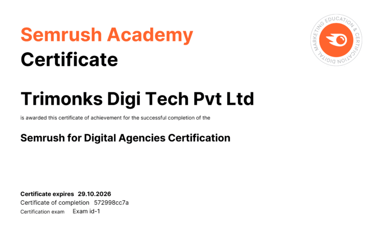 Semrush Digital Agencies Certification - Trimonks Digi Tech Pvt Ltd